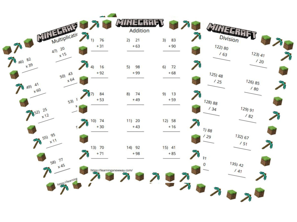 minecraft math free printable minecraft math worksheets
