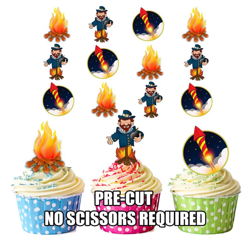 Guy Fawkes Bonfire Fireworks Night - Edible Cupcake Toppers