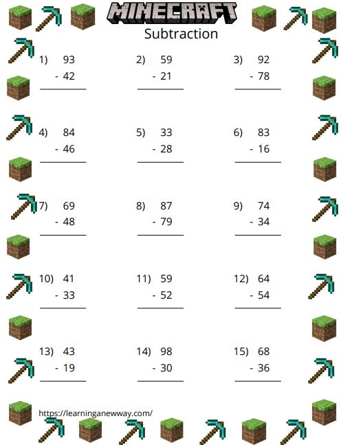 Minecraft Math Subtraction Free Printable.