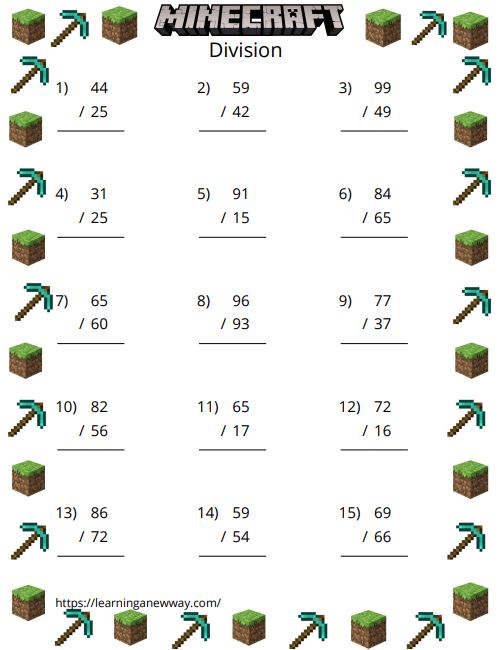 Minecraft Math Division Free Printable.