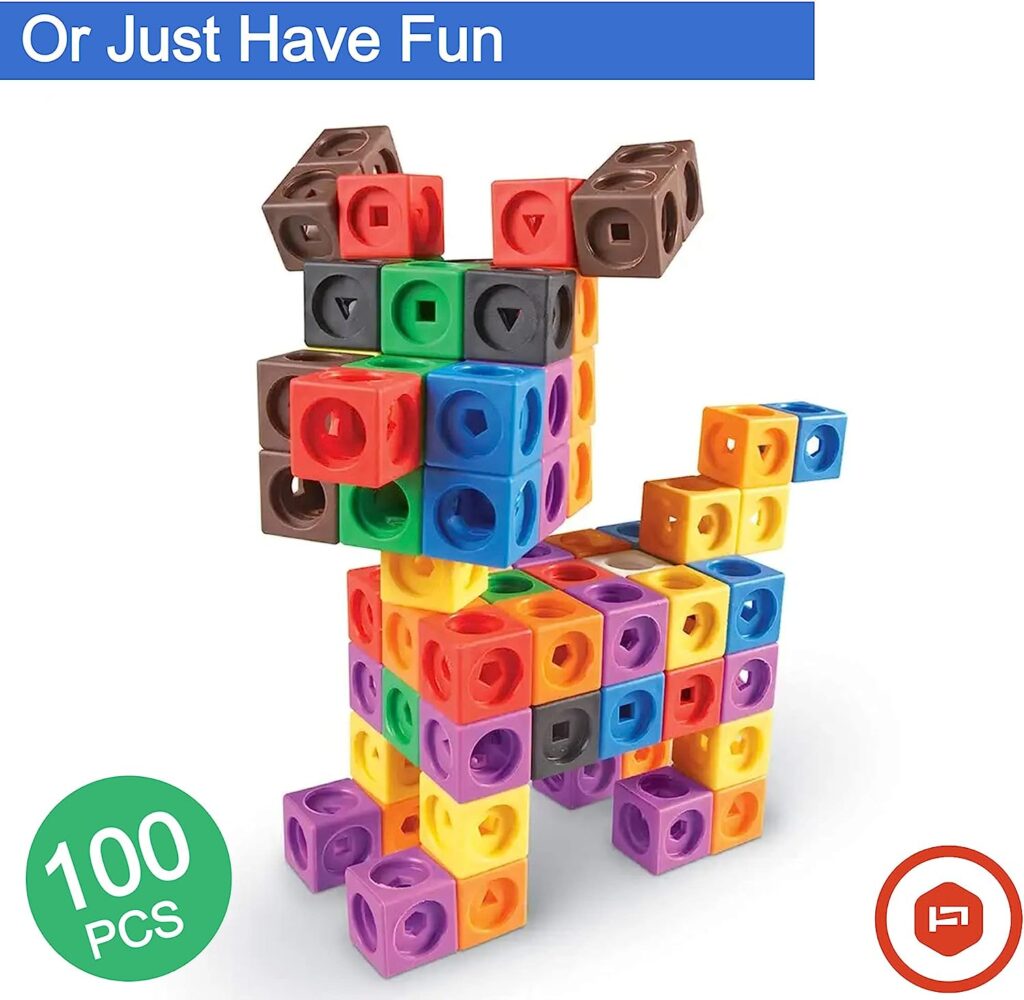 Maths Cubes - 100-Piece Set of Fidget Linking Cubes for Early Learning and Maths, with 10 Colours and Geometric Shapes, Perfect for Classroom and Home