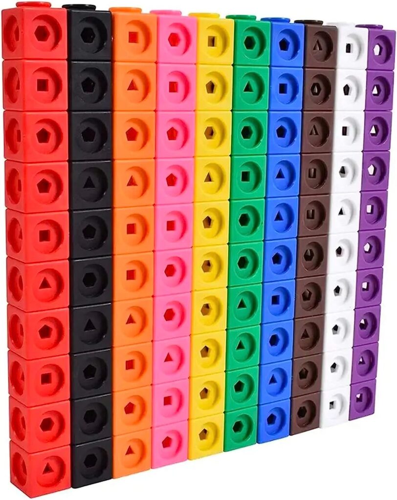 Maths Cubes - 100-Piece Set of Fidget Linking Cubes for Early Learning and Maths, with 10 Colours and Geometric Shapes, Perfect for Classroom and Home