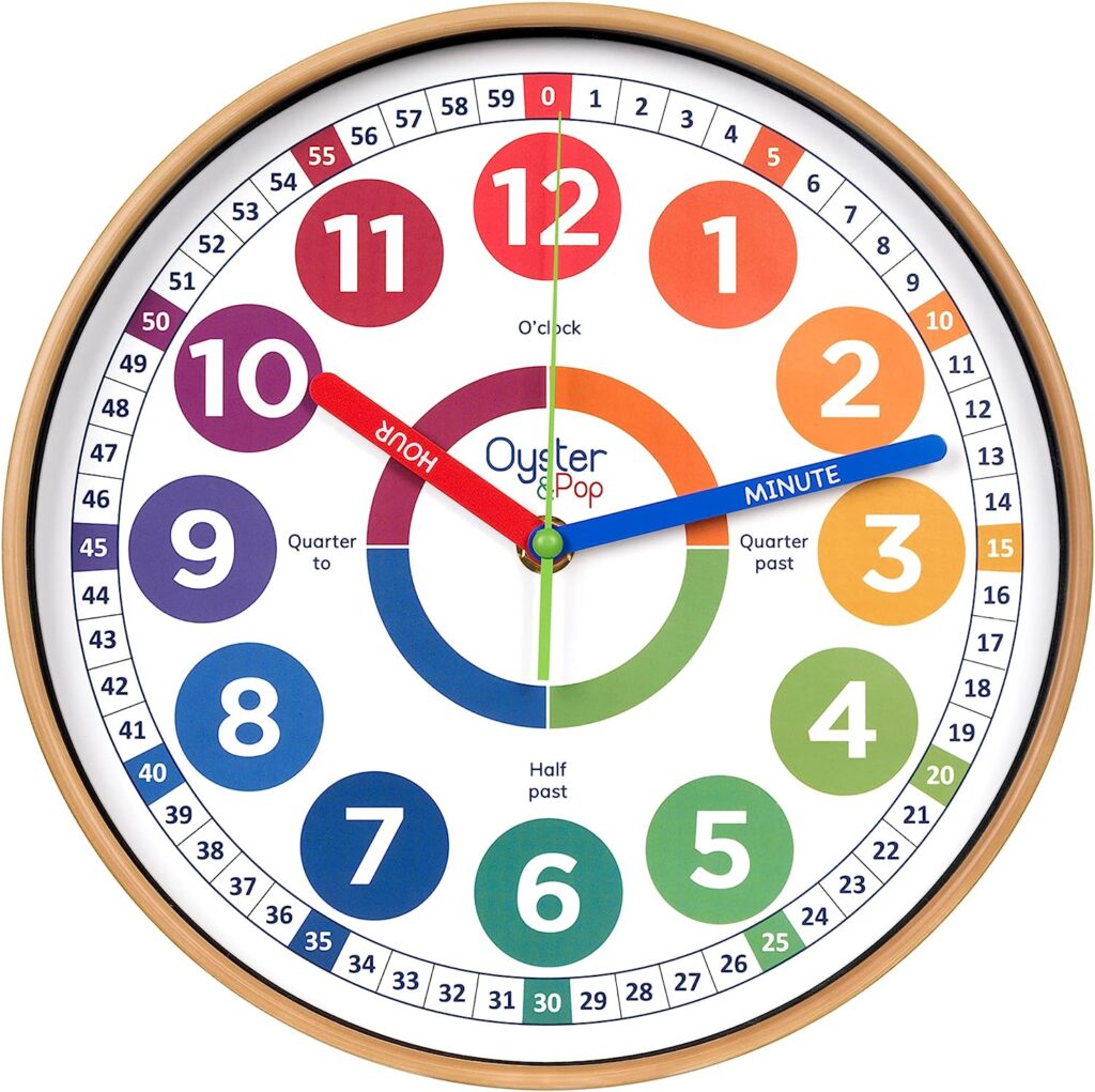OysterPop Kids Wall Clock - Learning Clock - Silent Analogue Telling Time Teaching Clock - Kids Learn to Tell Time Easily