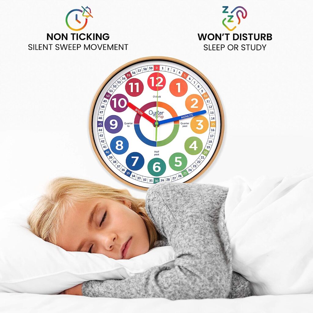 OysterPop Kids Wall Clock - Learning Clock - Silent Analogue Telling Time Teaching Clock - Kids Learn to Tell Time Easily